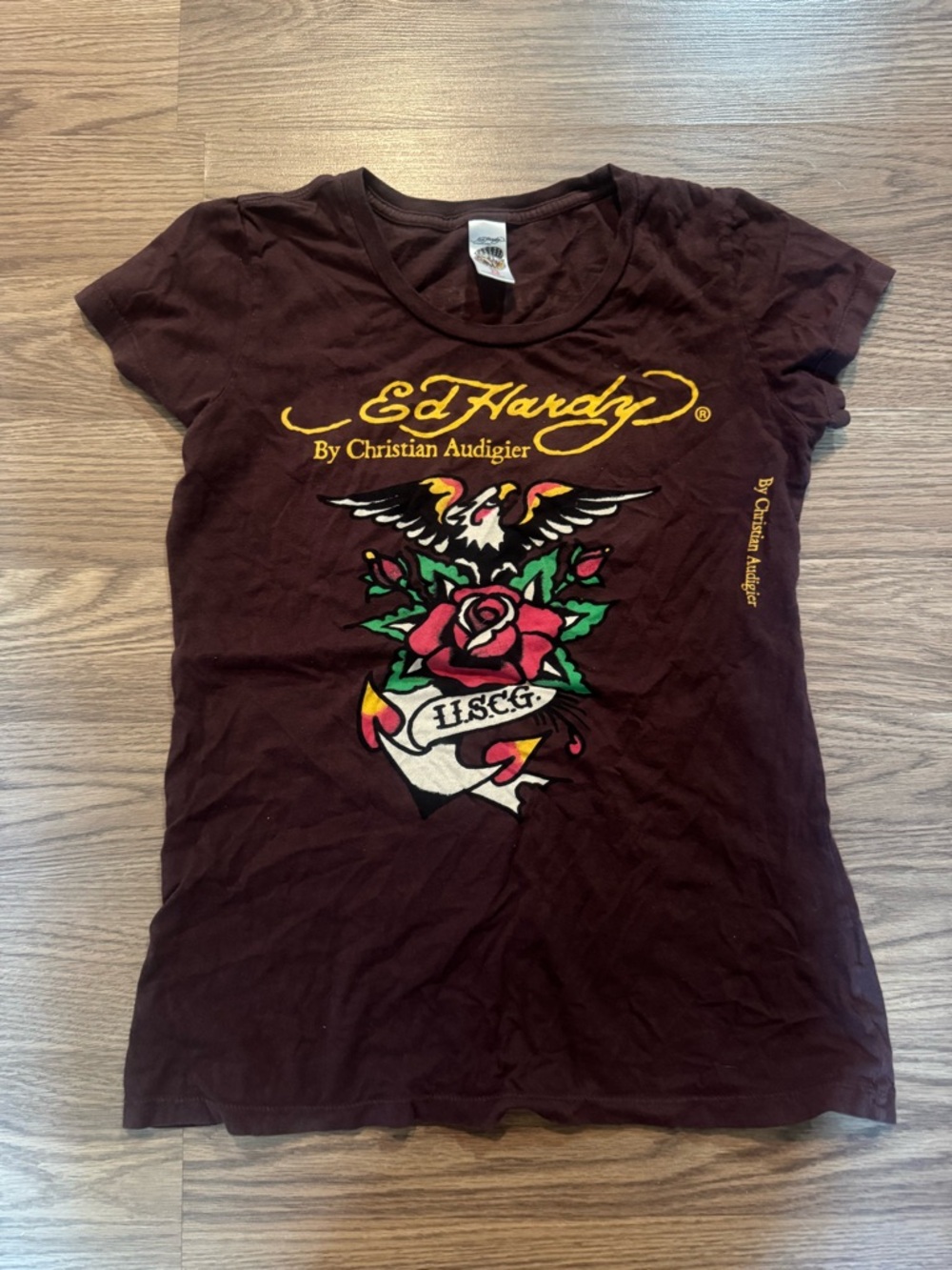 Ed Hardy Maroon Graphic Tee with Rose & Eagle